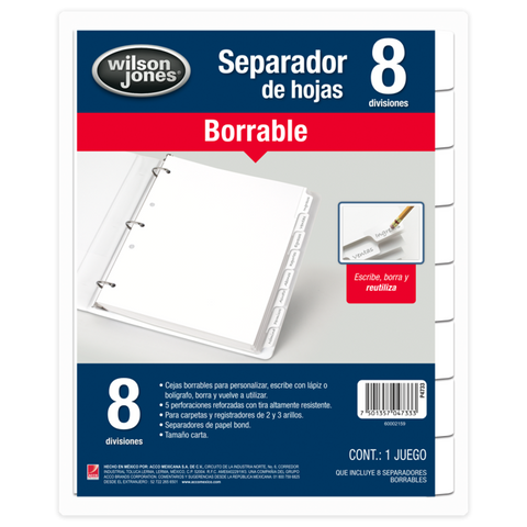 Separador Wilson Jones C/8 Borrable P4733