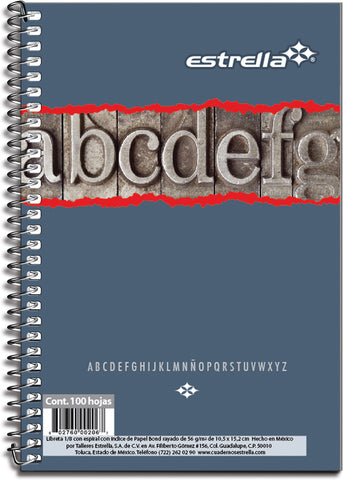 Libreta Estrella 1/8 Espiral C/Indice 100H