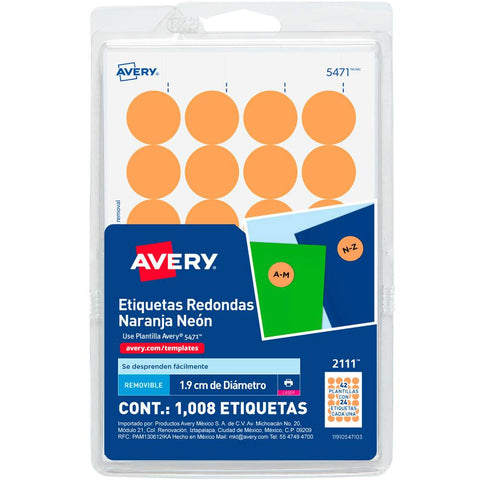 Etiqueta Avery Redonda 3/7 Naranja Neon C/1008 2111