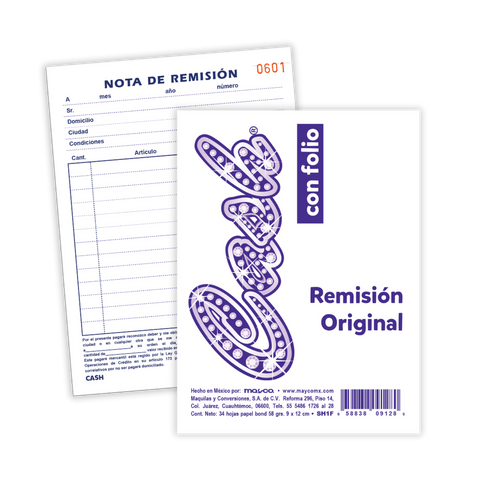 Remisión Cash 1/8 Original Con Folio C/20 Block