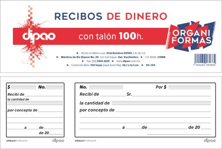 Recibo De Dinero Organiformas Con Talón 100H C/5